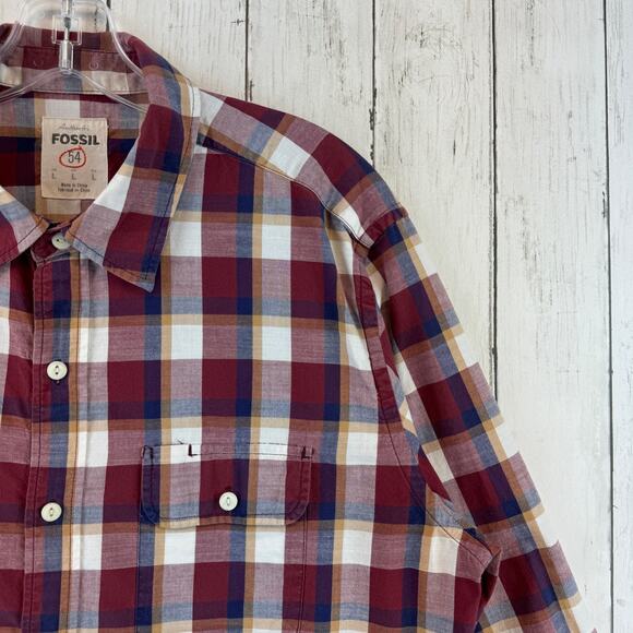 Fossil 54 Plaid Western Pearl Snap Long Sleeve Button Down Shirt Size Large - Picture 2 of 12